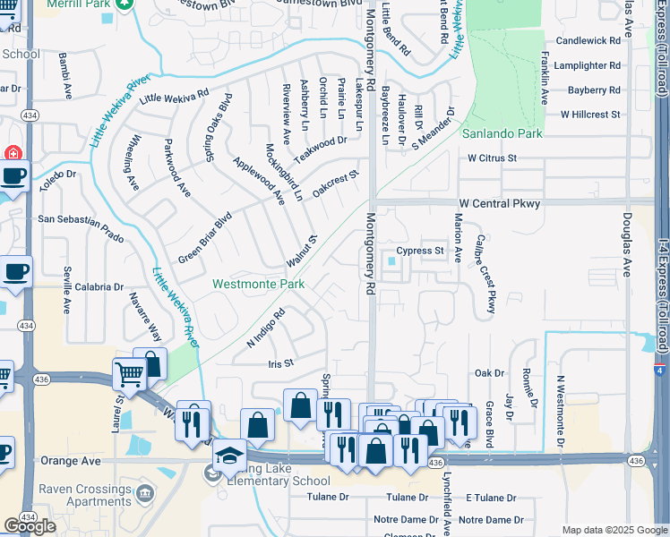 map of restaurants, bars, coffee shops, grocery stores, and more near 523 Heatherton Village in Altamonte Springs