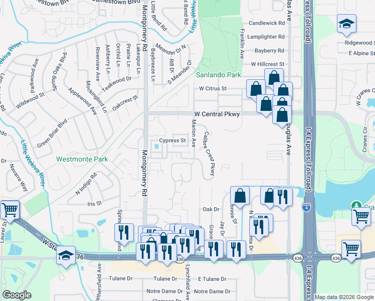 map of restaurants, bars, coffee shops, grocery stores, and more near 435 Hemlock Street in Altamonte Springs