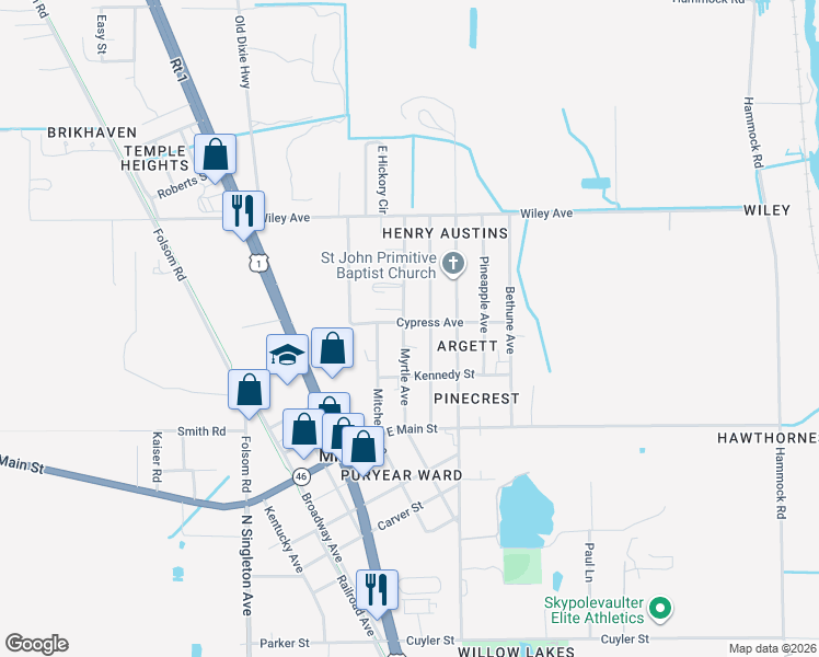 map of restaurants, bars, coffee shops, grocery stores, and more near 2570 Myrtle Avenue in Mims