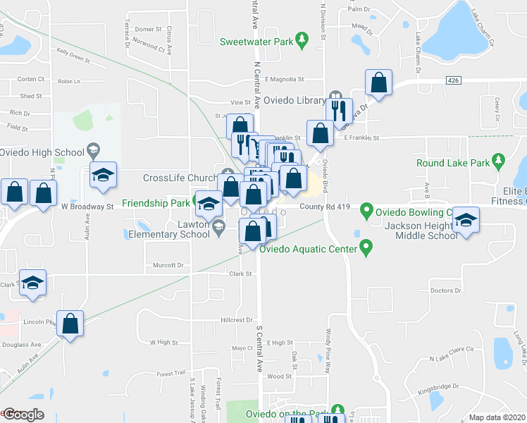 map of restaurants, bars, coffee shops, grocery stores, and more near 37 Sandalwood Court in Oviedo