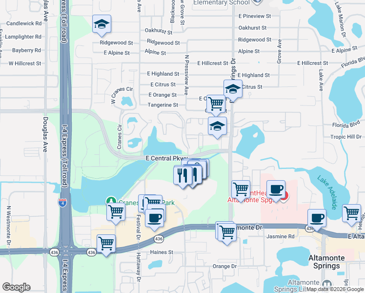 map of restaurants, bars, coffee shops, grocery stores, and more near 401 East Central Parkway in Altamonte Springs