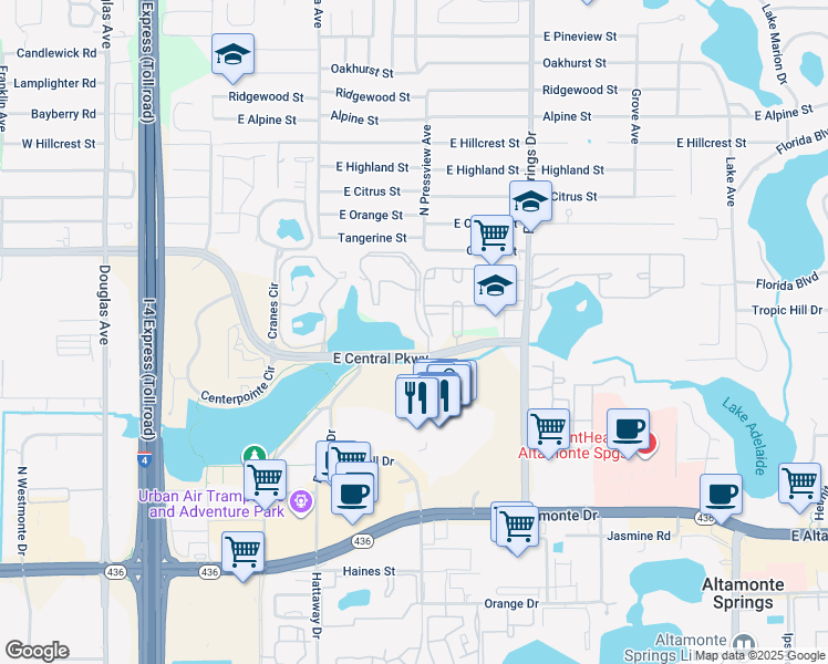 map of restaurants, bars, coffee shops, grocery stores, and more near 401 East Central Parkway in Altamonte Springs