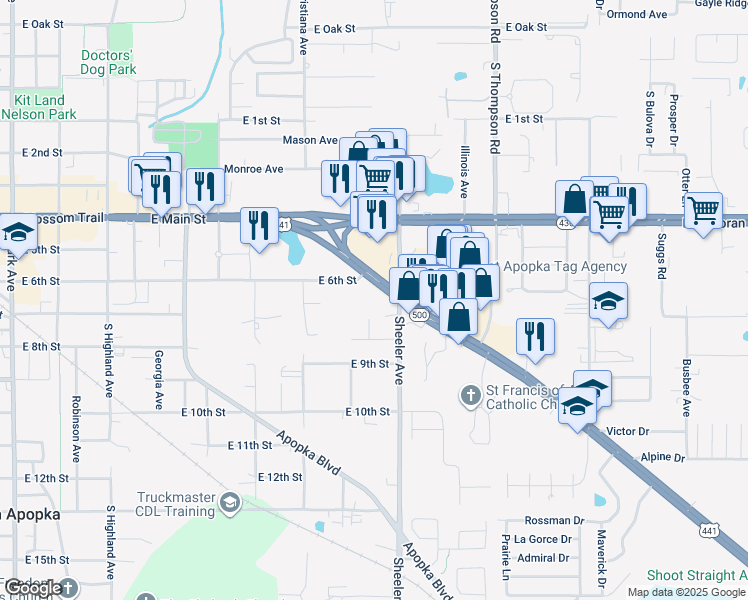 map of restaurants, bars, coffee shops, grocery stores, and more near 626 Sheeler Avenue in Apopka