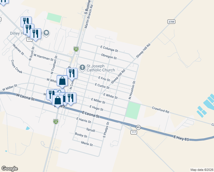 map of restaurants, bars, coffee shops, grocery stores, and more near 319 East Curtis Street in Dilley