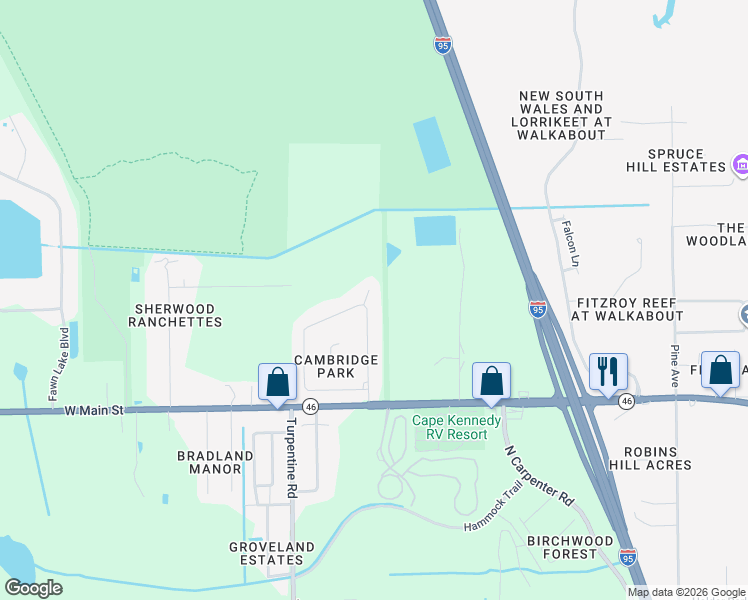 map of restaurants, bars, coffee shops, grocery stores, and more near 4791 Cambridge Drive in Mims