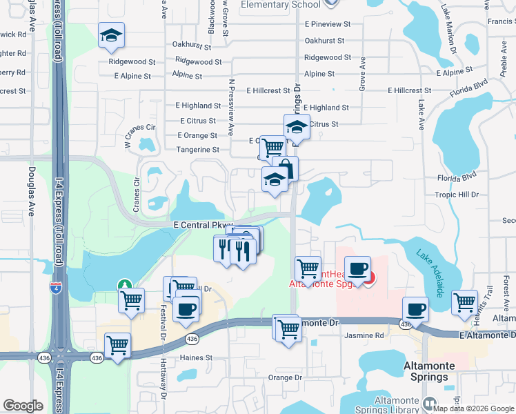 map of restaurants, bars, coffee shops, grocery stores, and more near 423-447 East Central Parkway in Altamonte Springs