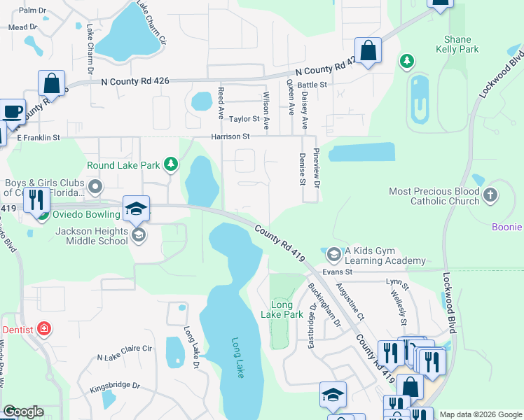 map of restaurants, bars, coffee shops, grocery stores, and more near 1227 East Broadway Street in Oviedo