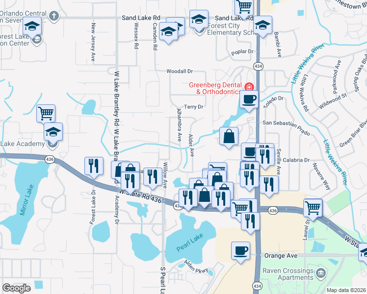 map of restaurants, bars, coffee shops, grocery stores, and more near 124 Alhambra Avenue in Altamonte Springs