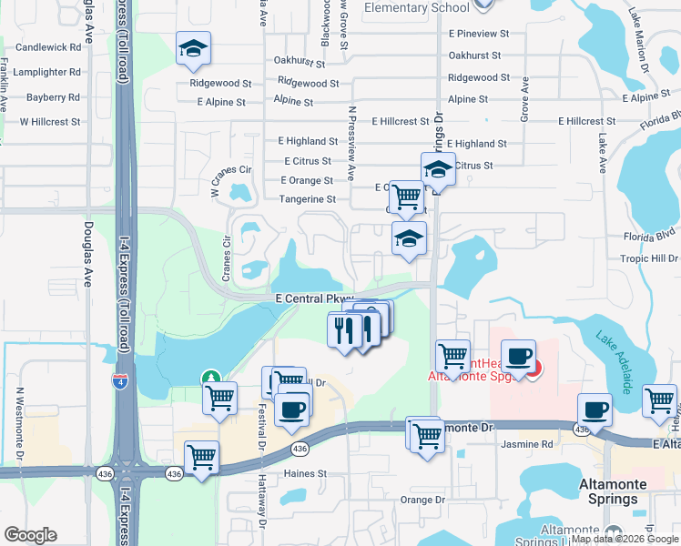 map of restaurants, bars, coffee shops, grocery stores, and more near 510 Cranes Way in Altamonte Springs