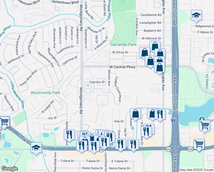 map of restaurants, bars, coffee shops, grocery stores, and more near 435 Cottonwood Drive in Altamonte Springs