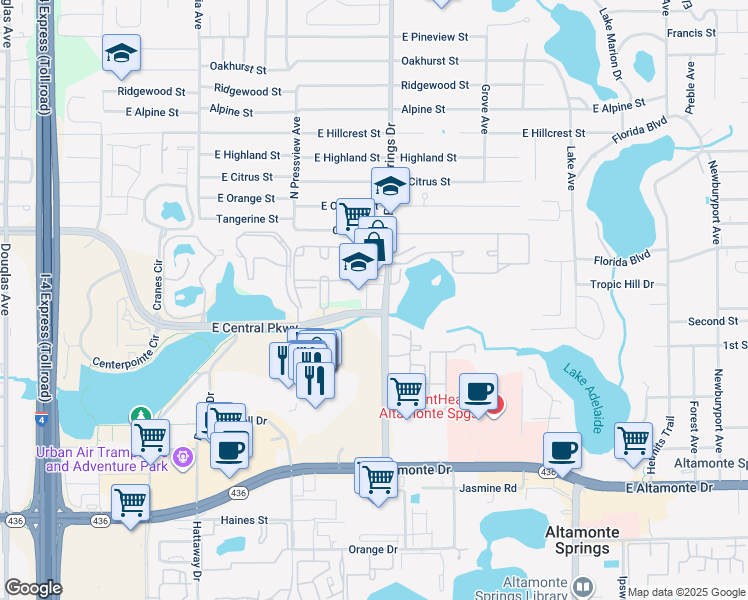 map of restaurants, bars, coffee shops, grocery stores, and more near 498 Palm Springs Drive in Altamonte Springs
