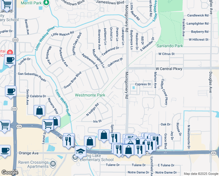 map of restaurants, bars, coffee shops, grocery stores, and more near 523 Heatherton Village in Altamonte Springs