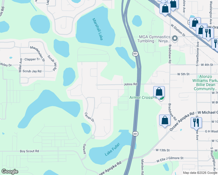 map of restaurants, bars, coffee shops, grocery stores, and more near 853 Galway Boulevard in Apopka