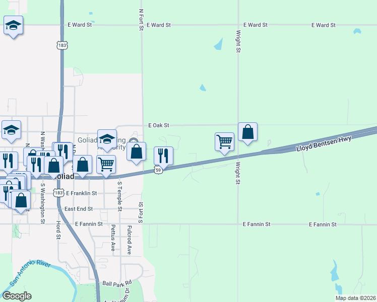map of restaurants, bars, coffee shops, grocery stores, and more near 1296 U.S. 59 in Goliad