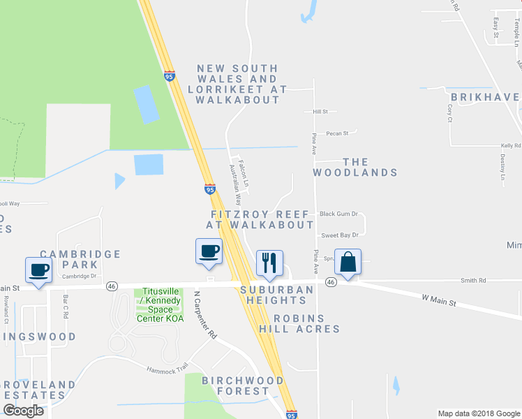 map of restaurants, bars, coffee shops, grocery stores, and more near 4306 Fitzroy Reef Drive in Mims