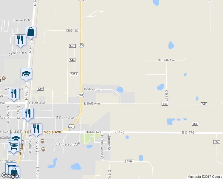 map of restaurants, bars, coffee shops, grocery stores, and more near 703 Boitnott Lane in Bushnell