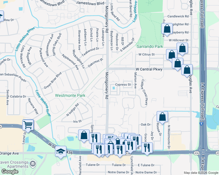 map of restaurants, bars, coffee shops, grocery stores, and more near 605 Montgomery Road in Altamonte Springs