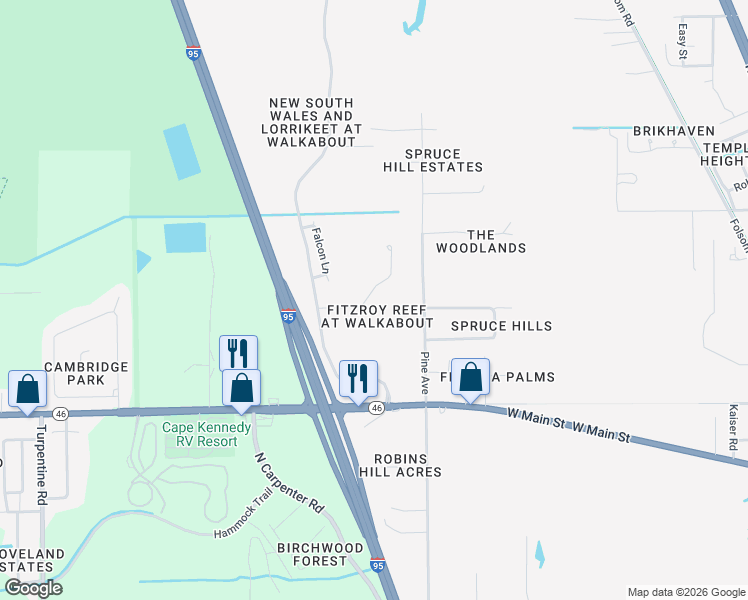 map of restaurants, bars, coffee shops, grocery stores, and more near 4227 Fitzroy Reef Drive in Mims