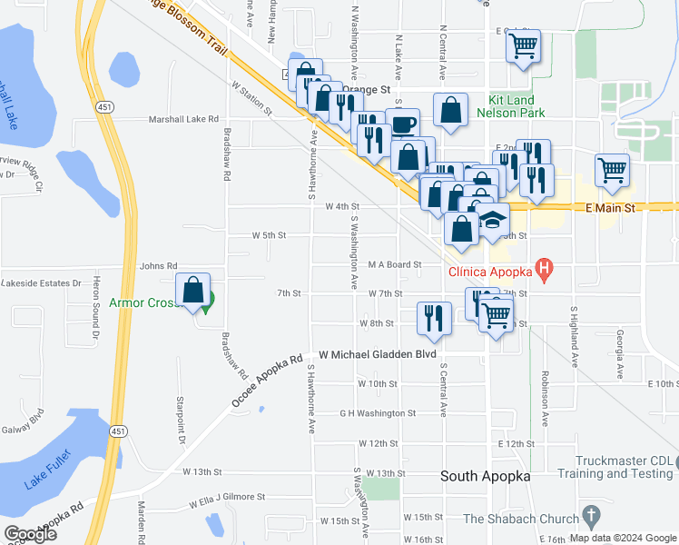map of restaurants, bars, coffee shops, grocery stores, and more near 202 M A Board Street in Apopka