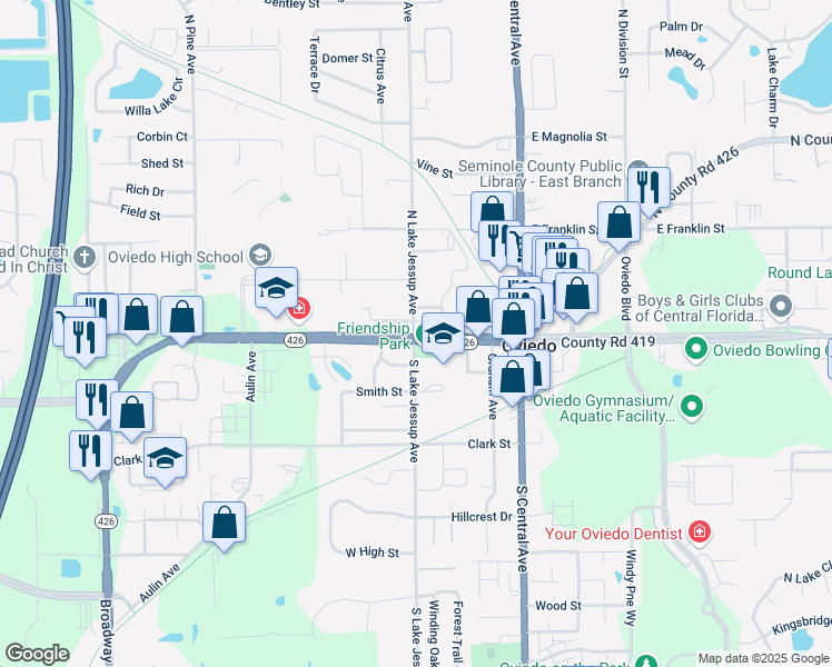 map of restaurants, bars, coffee shops, grocery stores, and more near 251 Plaza Drive in Oviedo