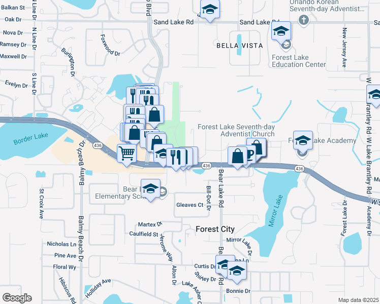 map of restaurants, bars, coffee shops, grocery stores, and more near 3353 East Semoran Boulevard in Apopka