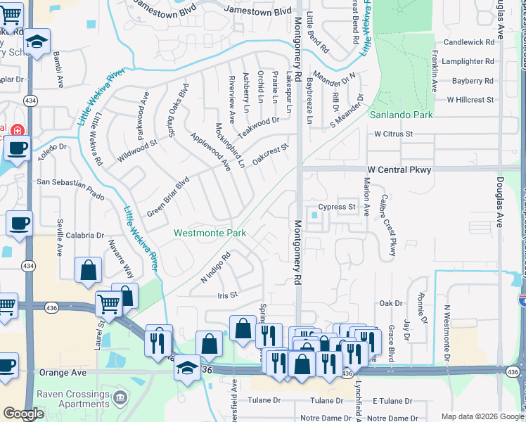 map of restaurants, bars, coffee shops, grocery stores, and more near 532 Walnut Street in Altamonte Springs