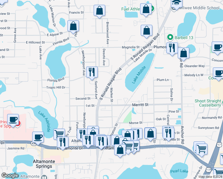map of restaurants, bars, coffee shops, grocery stores, and more near 325 Marker Street in Altamonte Springs