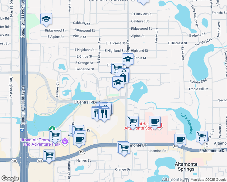 map of restaurants, bars, coffee shops, grocery stores, and more near 529 One Center Boulevard in Altamonte Springs