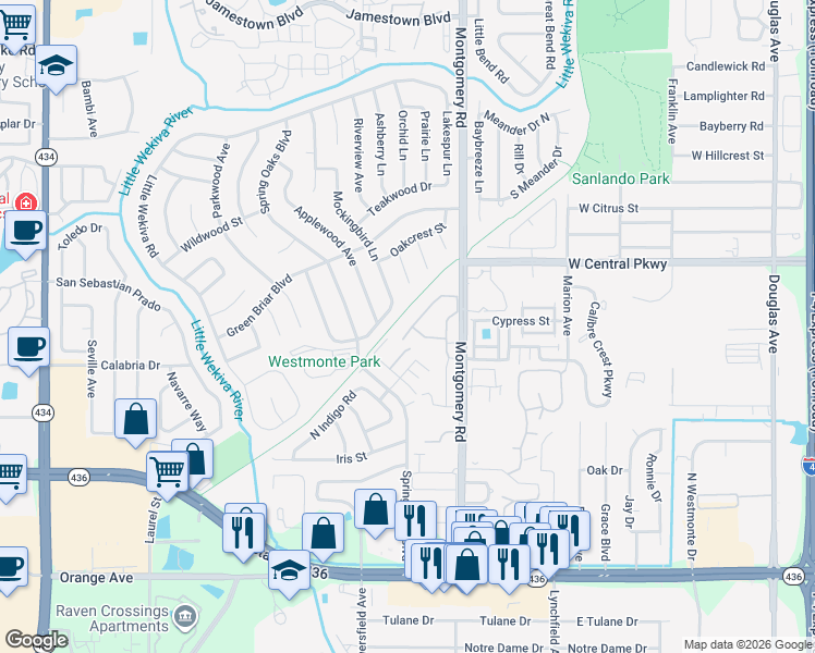 map of restaurants, bars, coffee shops, grocery stores, and more near 532 Walnut Street in Altamonte Springs