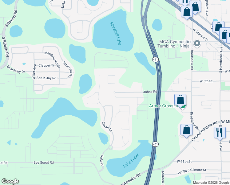map of restaurants, bars, coffee shops, grocery stores, and more near 1247 Johns Road in Apopka