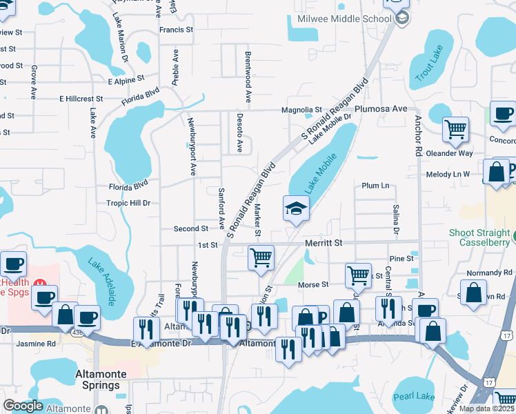 map of restaurants, bars, coffee shops, grocery stores, and more near 325 Marker Street in Altamonte Springs