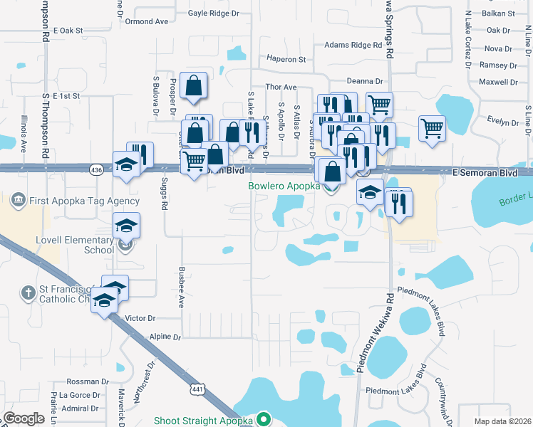 map of restaurants, bars, coffee shops, grocery stores, and more near 1843 Page Leigh Circle in Apopka