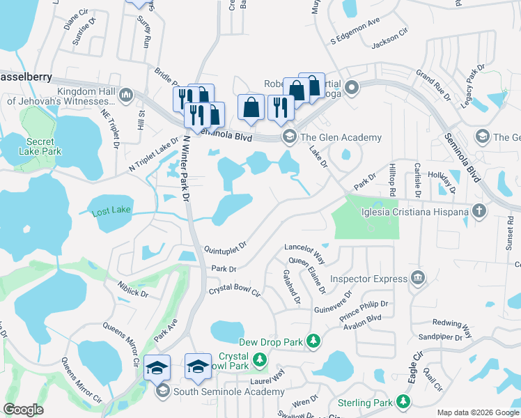 map of restaurants, bars, coffee shops, grocery stores, and more near 1191 Quintuplet Drive in Casselberry