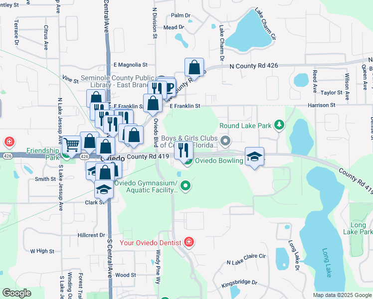 map of restaurants, bars, coffee shops, grocery stores, and more near West County Road 419 in Oviedo