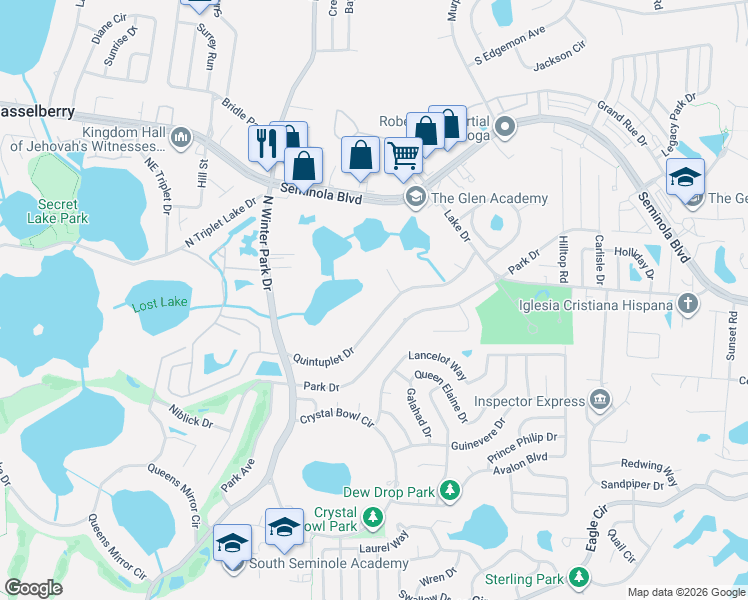 map of restaurants, bars, coffee shops, grocery stores, and more near 1191 Quintuplet Drive in Casselberry