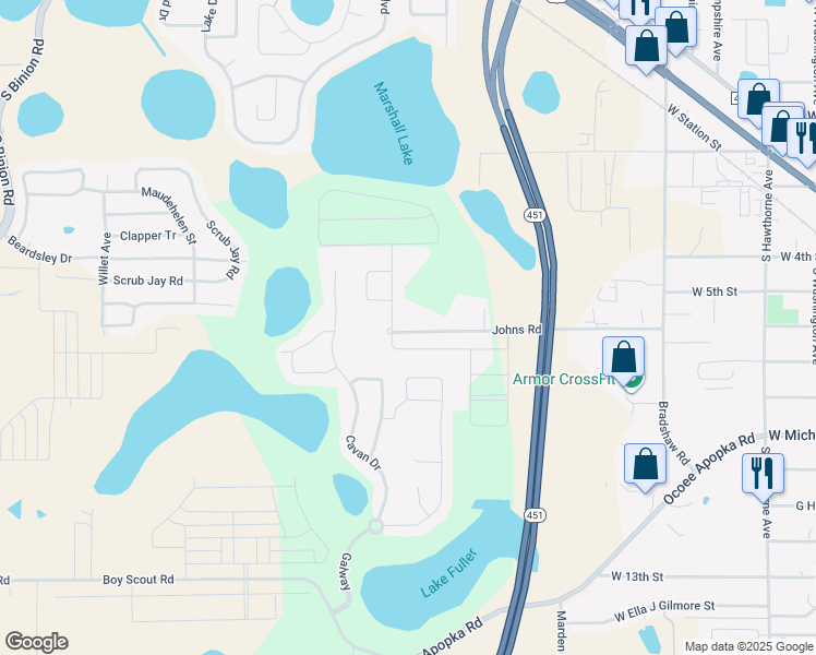 map of restaurants, bars, coffee shops, grocery stores, and more near 801 Johns Road in Apopka