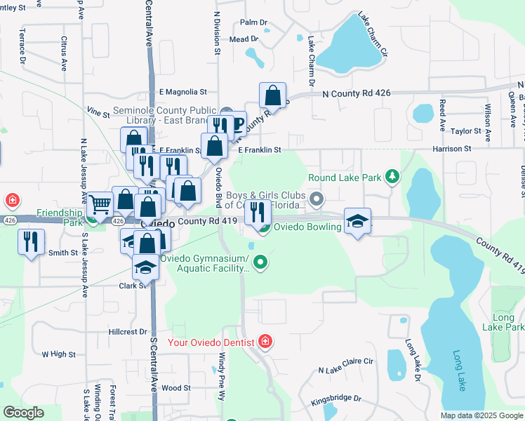 map of restaurants, bars, coffee shops, grocery stores, and more near 443 ⛉County Road 419 in Oviedo