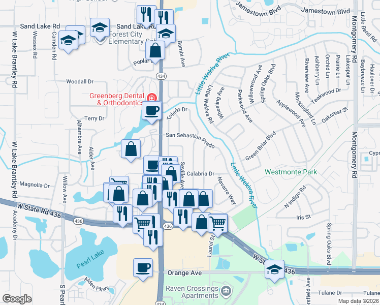 map of restaurants, bars, coffee shops, grocery stores, and more near 515 Seville Avenue in Altamonte Springs
