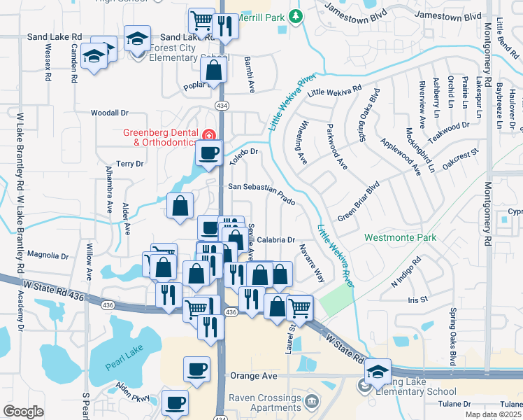 map of restaurants, bars, coffee shops, grocery stores, and more near 515 Seville Avenue in Altamonte Springs