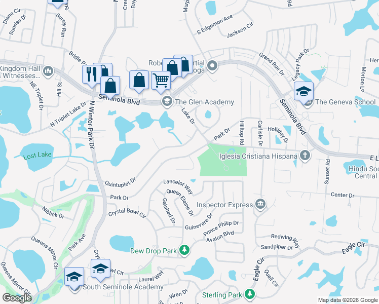 map of restaurants, bars, coffee shops, grocery stores, and more near 1347 Park Drive in Casselberry