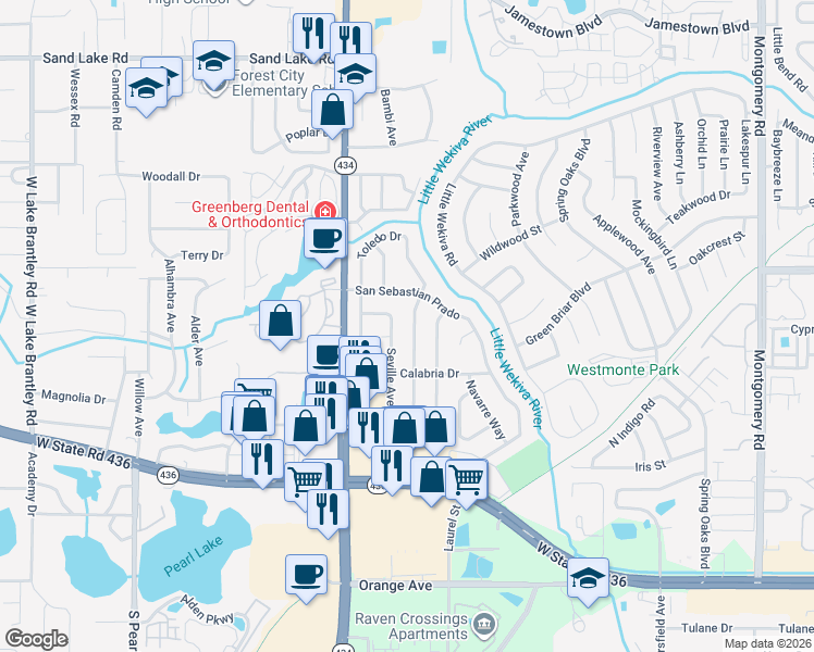map of restaurants, bars, coffee shops, grocery stores, and more near 515 Seville Avenue in Altamonte Springs