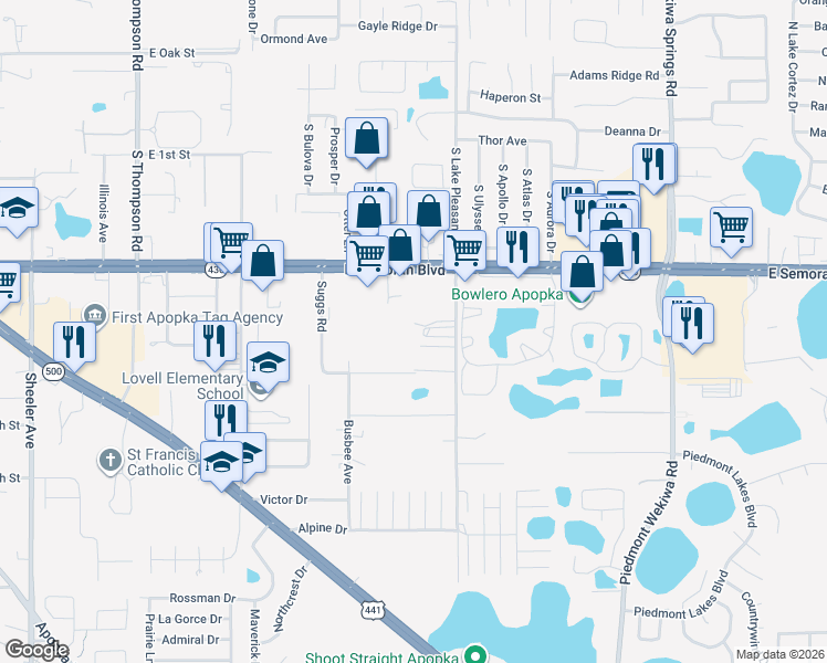 map of restaurants, bars, coffee shops, grocery stores, and more near 518 South Lake Pleasant Road in Apopka