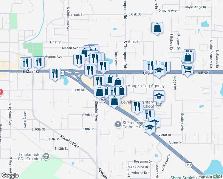 map of restaurants, bars, coffee shops, grocery stores, and more near 755 South Orange Blossom Trail in Apopka