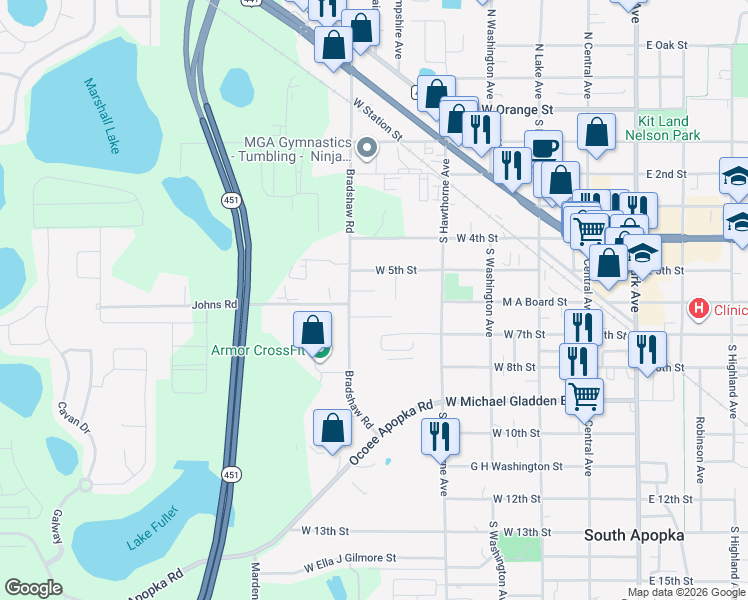 map of restaurants, bars, coffee shops, grocery stores, and more near 422 Bertson Court in Apopka