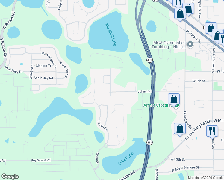 map of restaurants, bars, coffee shops, grocery stores, and more near 801 Johns Road in Apopka