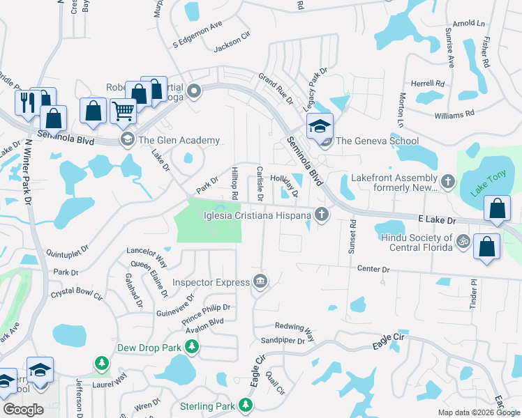 map of restaurants, bars, coffee shops, grocery stores, and more near 1376 Sterling Oaks Drive in Casselberry