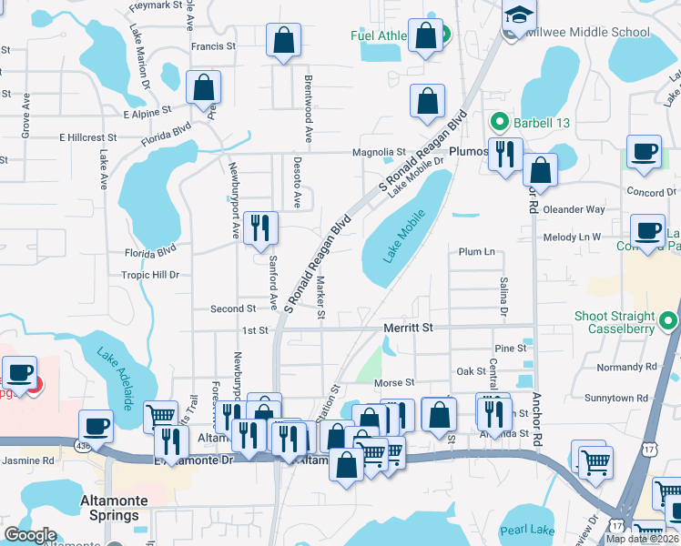 map of restaurants, bars, coffee shops, grocery stores, and more near 325 Marker Street in Altamonte Springs