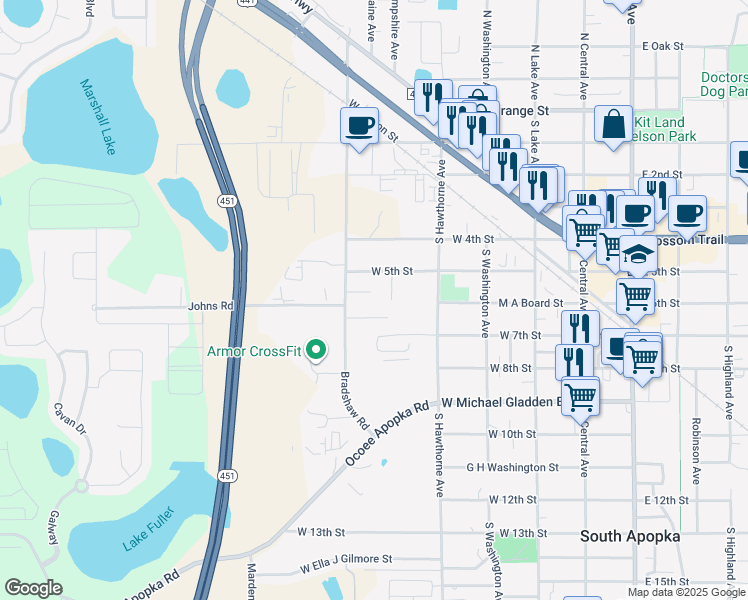map of restaurants, bars, coffee shops, grocery stores, and more near 422 Bertson Court in Apopka