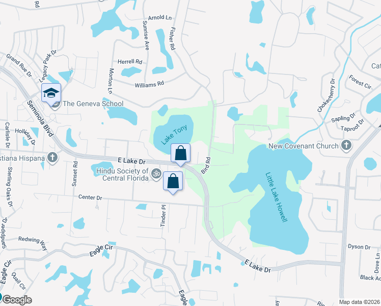 map of restaurants, bars, coffee shops, grocery stores, and more near 1445 Sweetwater Lane in Casselberry
