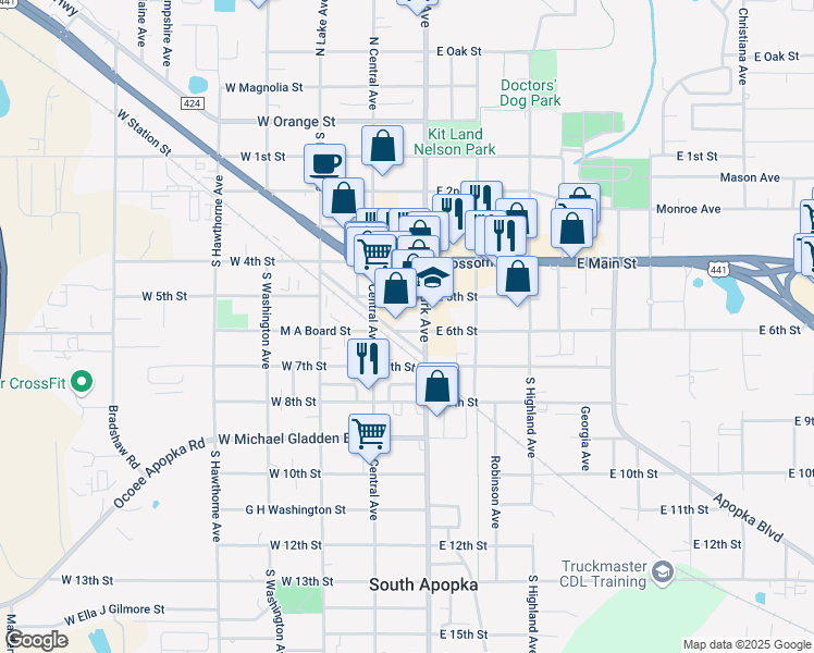 map of restaurants, bars, coffee shops, grocery stores, and more near 55 East 6th Street in Apopka